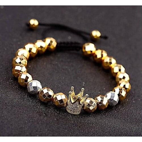 2020 Trendy Gold Micro Pave Cubic Zirconia Crown Charm Bracelet Women Men Hematite Bead Bangles Gift Fashion Jewelry Wholesale