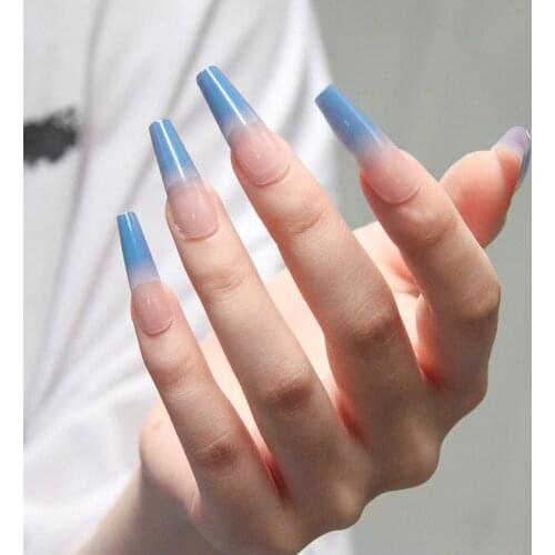 24pcs Gradient Blue Nail Patch Glue Type Removable Long Paragraph Fashion Manicure Fake Nail Patch Nails Accesorios