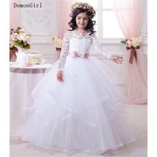 White Flower Girl Dresses for Weddings Long Sleeve Pink Ribbon Girls Pageant Dresses First Communion Gown New Year 1-14Y