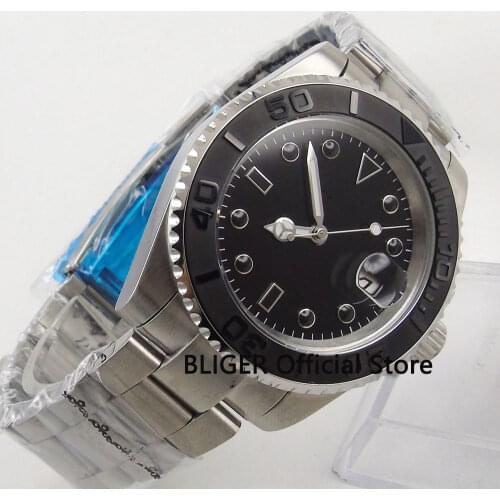 BLIGER 43mm Sterile Dial Auto Date Automatic Mens Watch Sapphire Glass Mental Strap Stainless Steel Watch Case