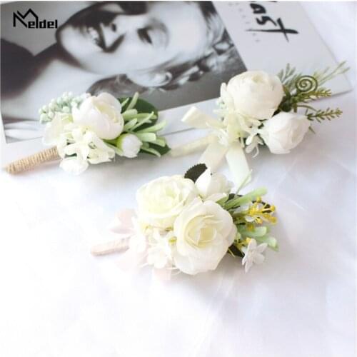 Meldel Artificial Flower Groom Boutonniere Flowers Silk Roses White Wedding Corsage Pin Cuff Bracelet Bridesmaid Wedding Flowers