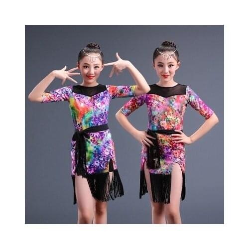 Purple tassel kids Latin dance dress for girls modern dance costumes for kids latin dress girls Clothes for dancing rumba samba