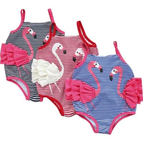 FOCUSNORM 0-4Y Summer Kids Girls Swimwear Flamingo Stripes Print Strap Sleeveless Beachwear 3 Colors