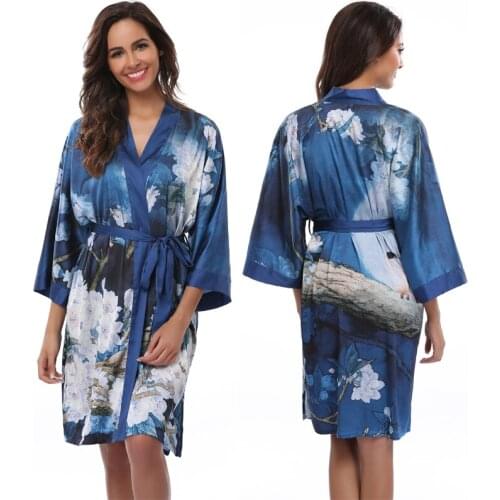 Witbuy Night Wear Robe Satin Soft Sleepwear Print Kimono Bathrobe Women Sexy Mini Bride Bridesmaid Wedding Robe Dressing Party
