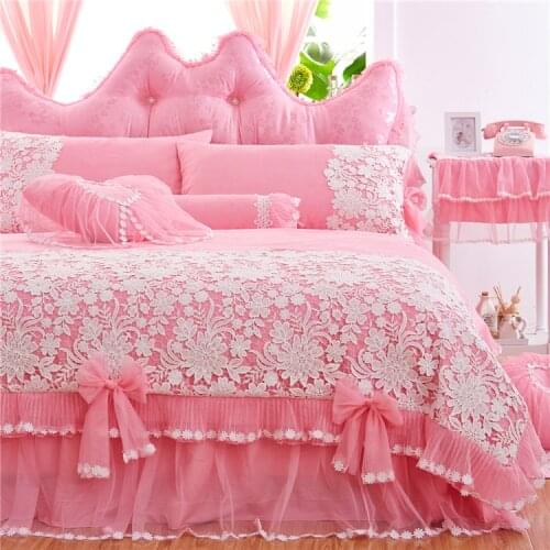 Cotton Stain Luxury Lace Korean Bedding Set 4/7Pcs King Queen Twin Size Girl Princess Bed skirt set Duvet Cover Pillow shams