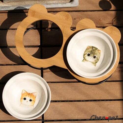 Ceramic Cat Dog Bowls with Wood Stand Pet Food Water Feeding Cats Small Dogs Cat Supplies Quality Cute Bowl Set 2 Dog Bowl