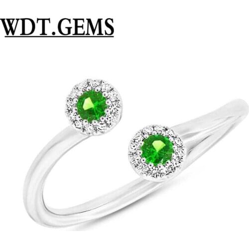 10K White Gold Natural 2 Round Tsavorite Garnet Diamond Wrap Dainty Open Ring