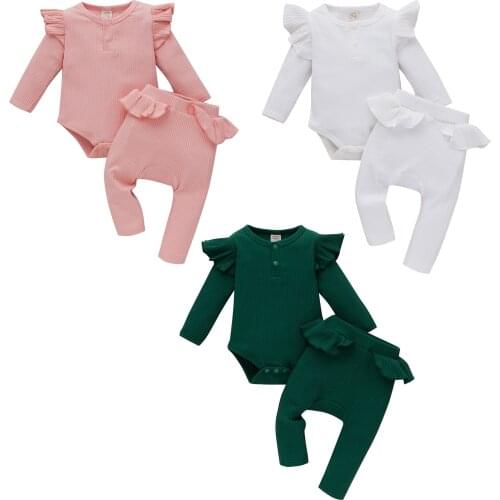 2Pcs Baby Girls Outfit, Autumn Solid Color Fly Long Sleeve Round Collar Hand-wrapped Romper + Lace Splicing Pants Set