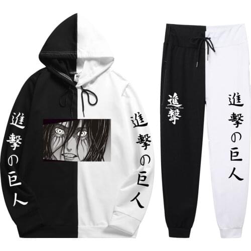 Summer Unisex 2 Pieces Sets Anime Attack on Titan Print Patchwork Thin Hoodie+Patchwork Pants Men Harajuku Sweatshirt New