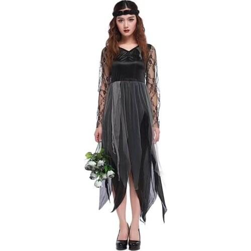 Adult Black Lace Women Ghost Corpse Bride Scary Cosplay Female Halloween Zombie Walking Dead Costume Purim Role Play Party Dress