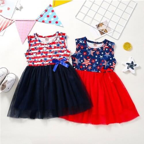 Fashion Kids Girls Dress, Star Stripe Print Round Collar Sleeveless Dress Independence Day Sundress for Summer, 18Months-5 Years