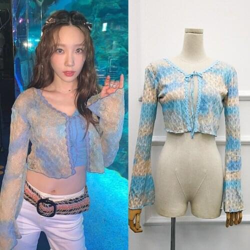 Kpop Korean Celebrity Fashion Gradient Color Cardigan Lace-up Sweaters Women Streetwear Sexy Knitted Hollow Long Sleeve Sweater