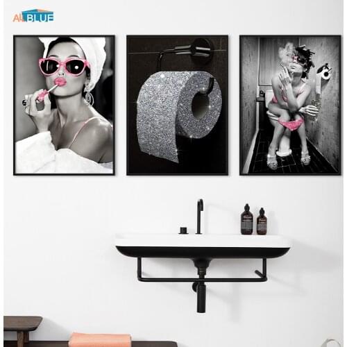 Fashion Sexy Woman Poster Print Girl Drinking Bar Canvas Painting Bling Toilet Roll Paper Picture Modern Wall Art Bathroom Decor