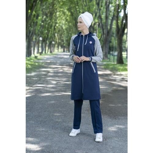 Eofashion Islamic Sportwear Navy Blue Long Sleeve Cotton Out Style Fit Hijab Outwear With Hood And Pants Wide Size Range women