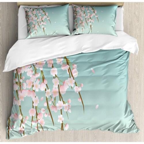 Weeping Flower Duvet Cover Set Freshly Blooming Cherry Blossom Branches with Flower Buds 3 Piece Bedding Set Mint Pink