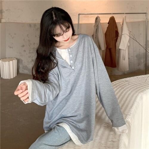 2021 Autumn Fake Two Piece Sweatshirt Long Sleeve Loose Round Neck Pure Color Casual Simple Hoodie