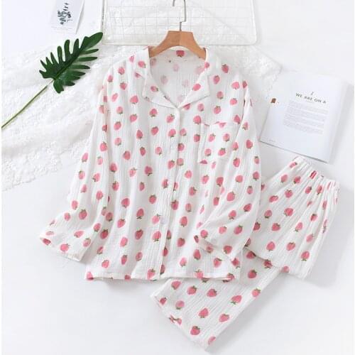 Spring/Autumn Pajamas Set Women Pure Cotton Crepe Peach Ladies Long Sleeve Sleepwear Summer Thin Loose Comfy Soft Home Clothes