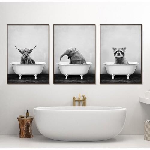 Black and White African Animal Elephant Bathing Posters Canvas Painting Wall Art Print Picture for Bathroom Interior Home Decor