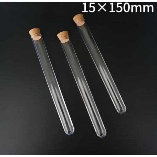 10pcs/pack) 15x150mm Clear Plastic test tubes with Corks Stopper U-shape bottem Used for laboratory or Wedding Vial