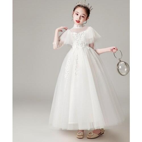 Flower Girl Dresses Princess Lace Sequined Three Quarter Ball Gown Floor-Length High Tulle Pearls Embroidery Party Skirt H031