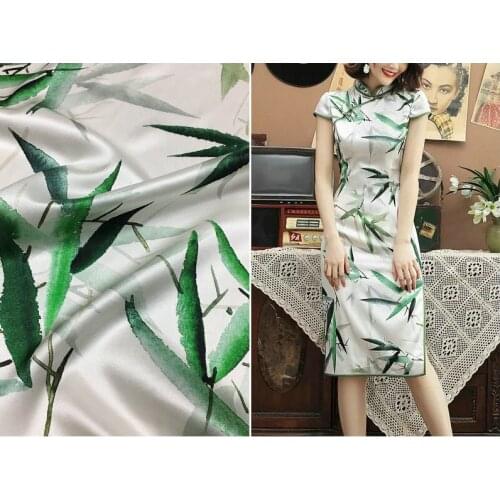 Hand-painted green bamboo leaf printing Chinese style digital printing fabric natural mulberry silk high fashion textile fabric