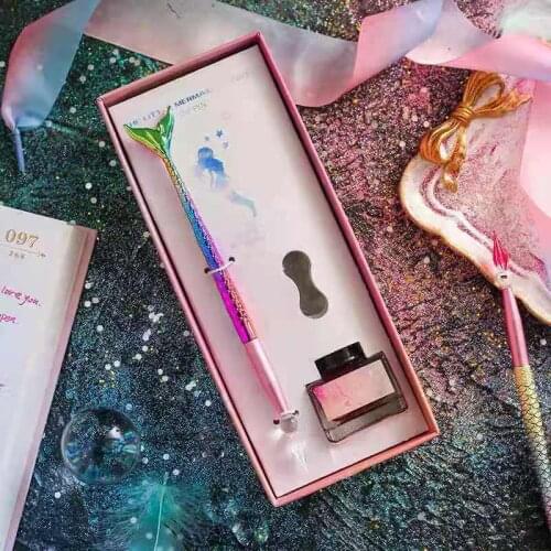 Mermaid Glass Dip Pen With 15ML Pink Ink Set Gradient Colour Fountain Pen Printing Writing School Stationery Gift For Friend