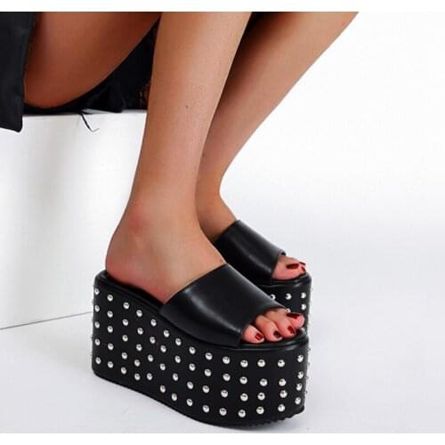 Women Slippers Sandals 10cm Heels Punk Rivet Ladies Slippers Summer Sandal Girl 2021 Platforms Wedges Shoes Gladiator Sandals