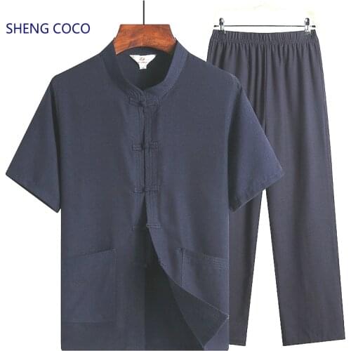 SHENG COCO Men Kung Fu Suit Cotton Chinese Style Man Tang Costume Traditional Chinese Taiji Uniform Wide Leg Pants Loose Shirts