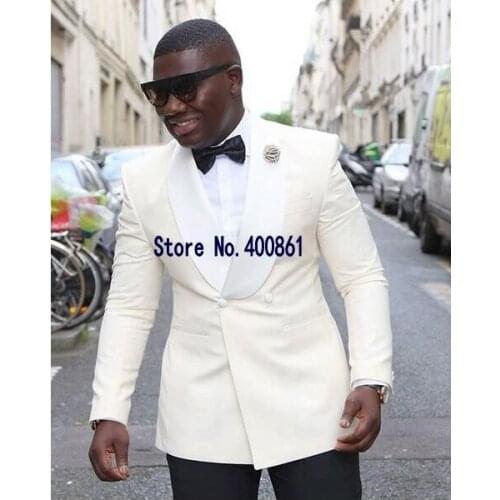 High Quality Double Breasted Ivory Groom Tuxedos Shawl Lapel Groomsmen Mens Suits Blazers (Jacket+Pants+Tie) W:701