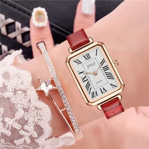 Fashion Rectangle Roma Numerals Women Watch Casual Ultra-Slim Leather Strap Wristwatches Jam Tangan Wanita Perempuan