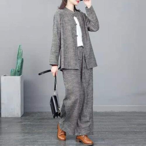 Retro Suits Loose Large Size Stripe Stand Collar Long Sleeve Jacket Cotton Linen Trousers Women Tops Pants 2 Piece Set BC28