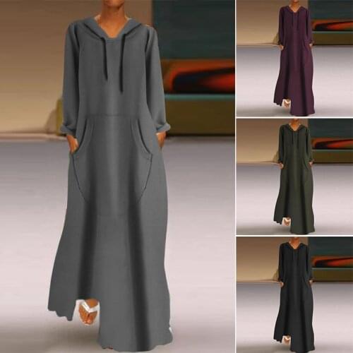 Womens Hooded Sundress ZANZEA Fashion Solid Hoodies Dress Front Pockets Long Sleeve Casual Maxi Sweatshirts Vestido 7