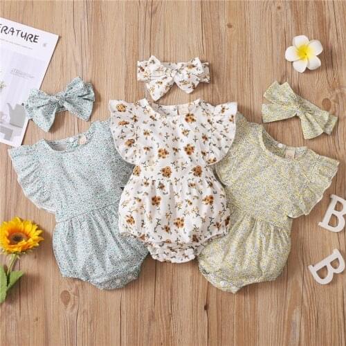 Sweet Floral Newborn Baby Girls Printed Clothes Romper Cotton Princess Sleeveless Infant Jumpsuit with Ruffles+Bow-knot Headband