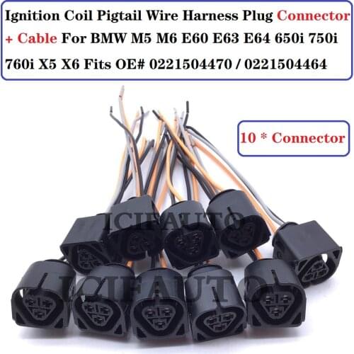 0221504464 Ignition Coil Pigtail Wire Harness Plug + Cable For BMW M5 M6 E60 E63 E64 650i 750i 760i X5 X6 OE# 0221504470