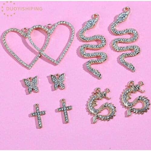10Pcs/lot Golden Metal Snake Shape Pendants Shiny Rhinestone Animal Charms For DIY Necklace Earrings Jewelry Accessory Wholesale