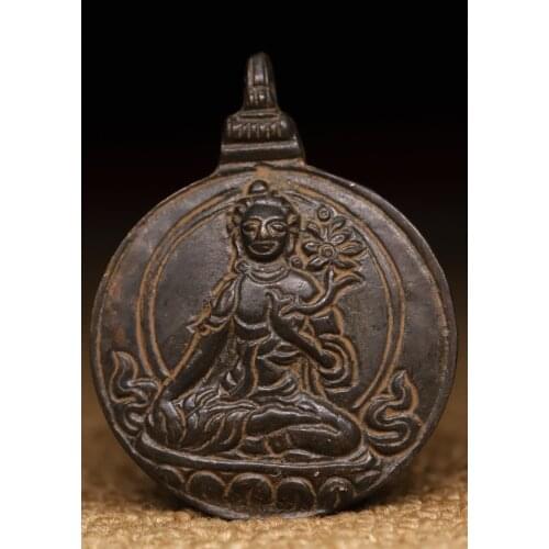 2"Tibet Buddhism Old Bronze Tracing Engraved Green Tara Buddha statue Zodiac Statue Gossip card Amulet Pendant amulet Exorcism