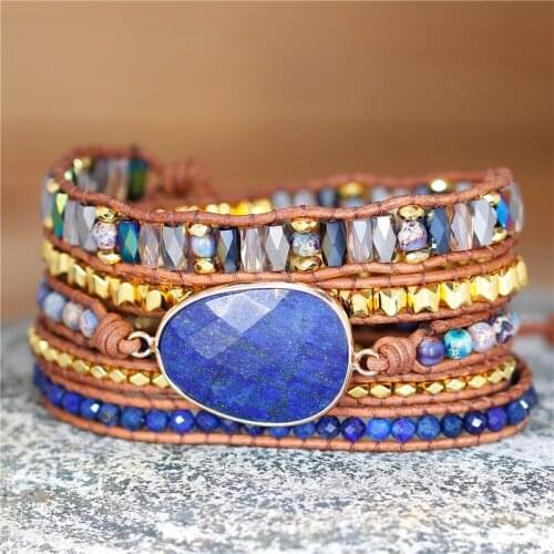 Handmade Chic lapis lazuli 5 layers beaded wrap bracelet crystal Statement Gemstone leather bracelet high end jewelry wholesale