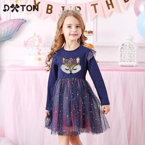 DXTON Autumn Girls Dresses Sequin Long Sleeve Princess Dress For Girls Birthday Party Costume Cartoon Cat Toddler Kids Dresses