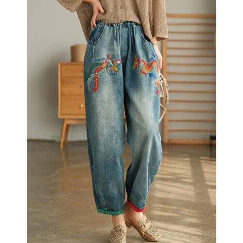 Spring Jeans Women Retro Bleached Embroidery Phoenix Washed Female Cotton Denim Harem Pants Wild