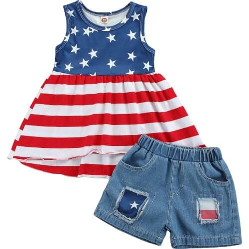 FOCUSNORM 2Pcs Independence Day 1-6Y Girls Clothes Sets Striped Star Printed Sleeveless Tops Denim Shorts