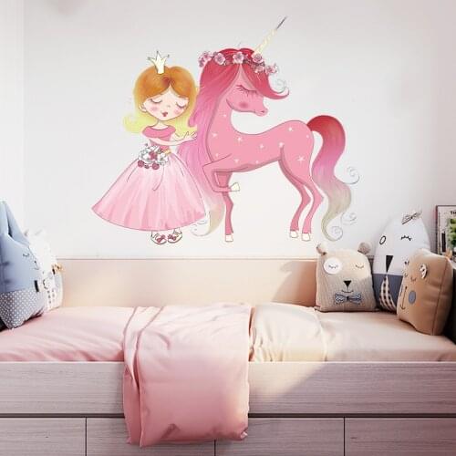 Princess Wall Sticker on Pink Unicorn for Girls Room Bedside Background Wall for Christmas Presents