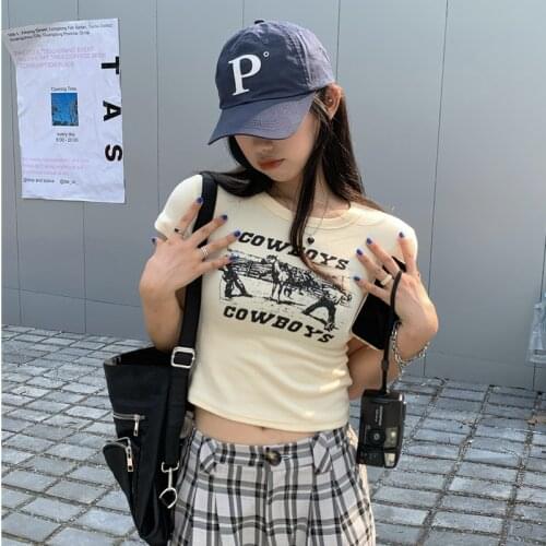 T-shirt Printing Round Neck Short-sleeved T-shirt Women Summer New Korean Version of The Slim and Thin All-match Crop Top