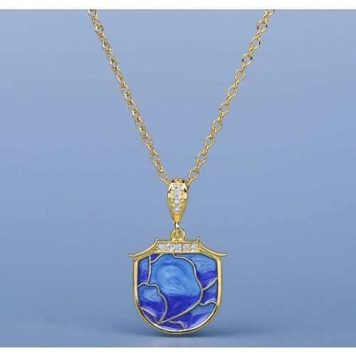 Exquisite Womens Jewelry Blue Epoxy Pendant Necklace 18k Gold Womens Clavicle Chain Handmade Enamel Jewelry Sweater Chain