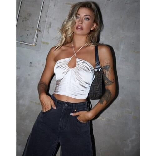 Summer Women Satin Sexy Crop Cami Tops Sleeveless Halter Neck Ruched Solid Color Self Tie Back Camisole