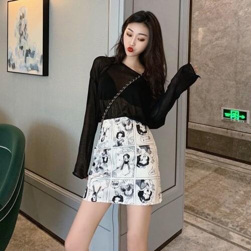 Mini Skirts Casual Patchwork Summer Womens Clothing Cartoon High-Waisted Skirt Ladies Long Harajuku Womens Clothing 2021