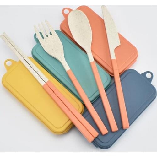 Wheat Straw Folding Cutlery Set Kids Knife Fork Spoon Chopsticks Portable Dinnerware Kits Flatware Set for Travelling Camping SN