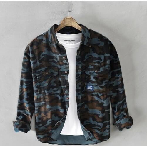 Japanese Style Autumn Fashion Men Shirts Long Sleeve Cotton Corduroy Shirts Men Overalls Street Military Camouflage Casual Shirt