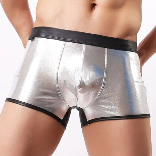 Sexy Mens Underwear Boxer Patent Leather Shinny Trunks Cool Underpants Shorts Shiny Leather Boxers for Male