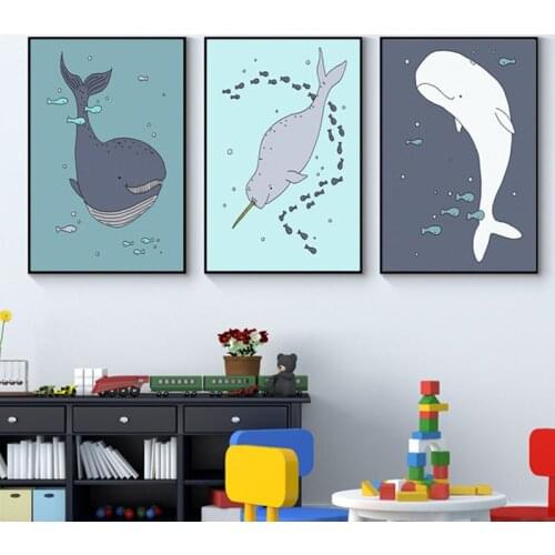 Blue Whale Narwhal Beluga Prints Under The Sea Poster Canvas Painting Kids Wall Art Nursery Pictures Bedroom Decoration