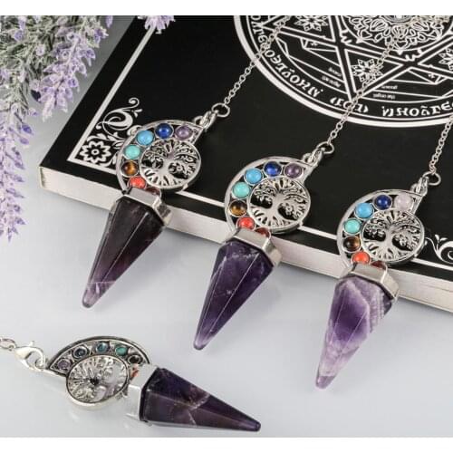 TUMBEELLUWA Healing 7 Chakra Stone Beads Natural Crystal Stone Tree Of Life Point Pendulum For Divination Reiki Pendant Chain